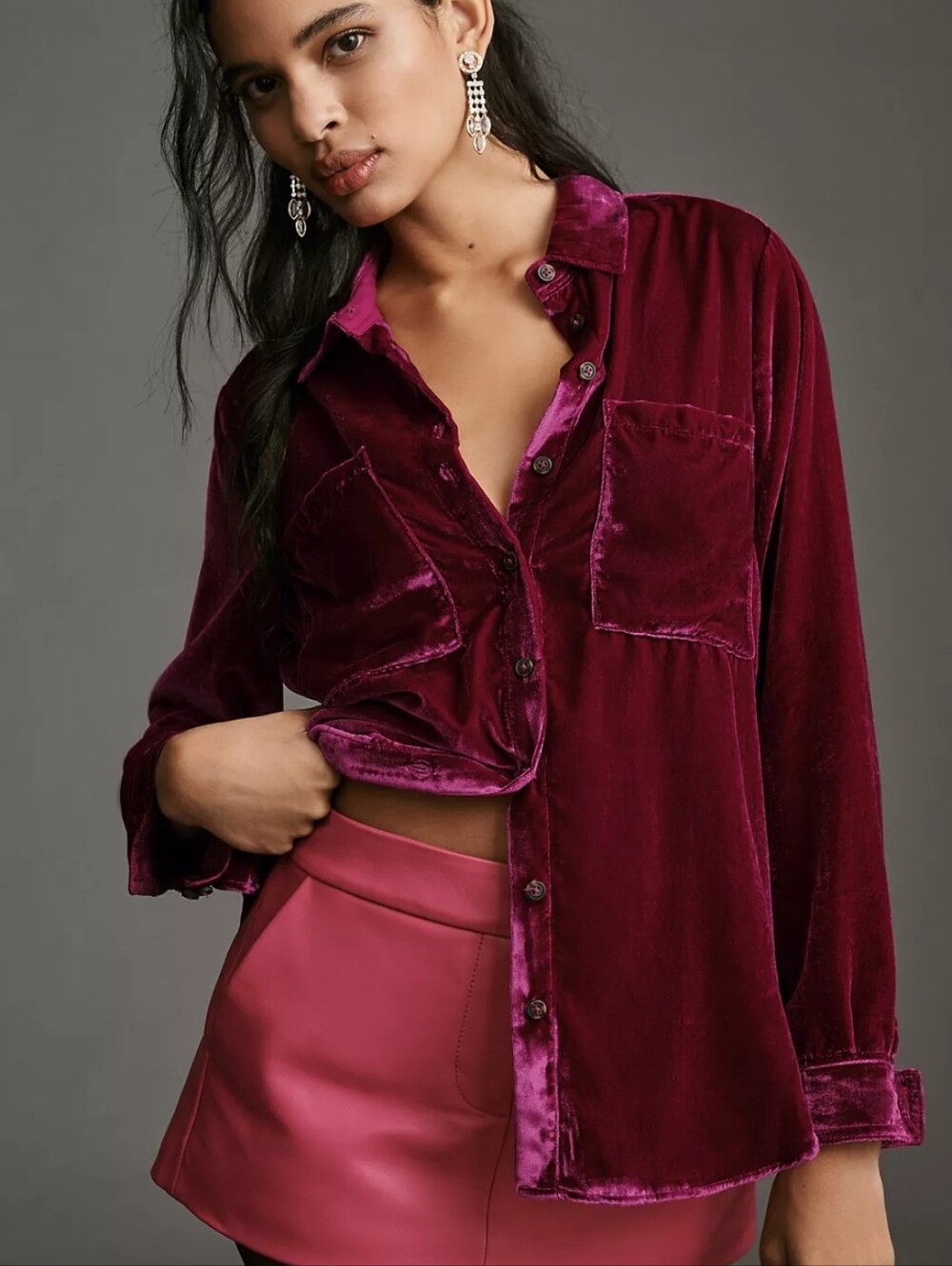 Anthropologie Pilcro Relaxed Velvet Buttondown Shirt Medium Pink Women's 4